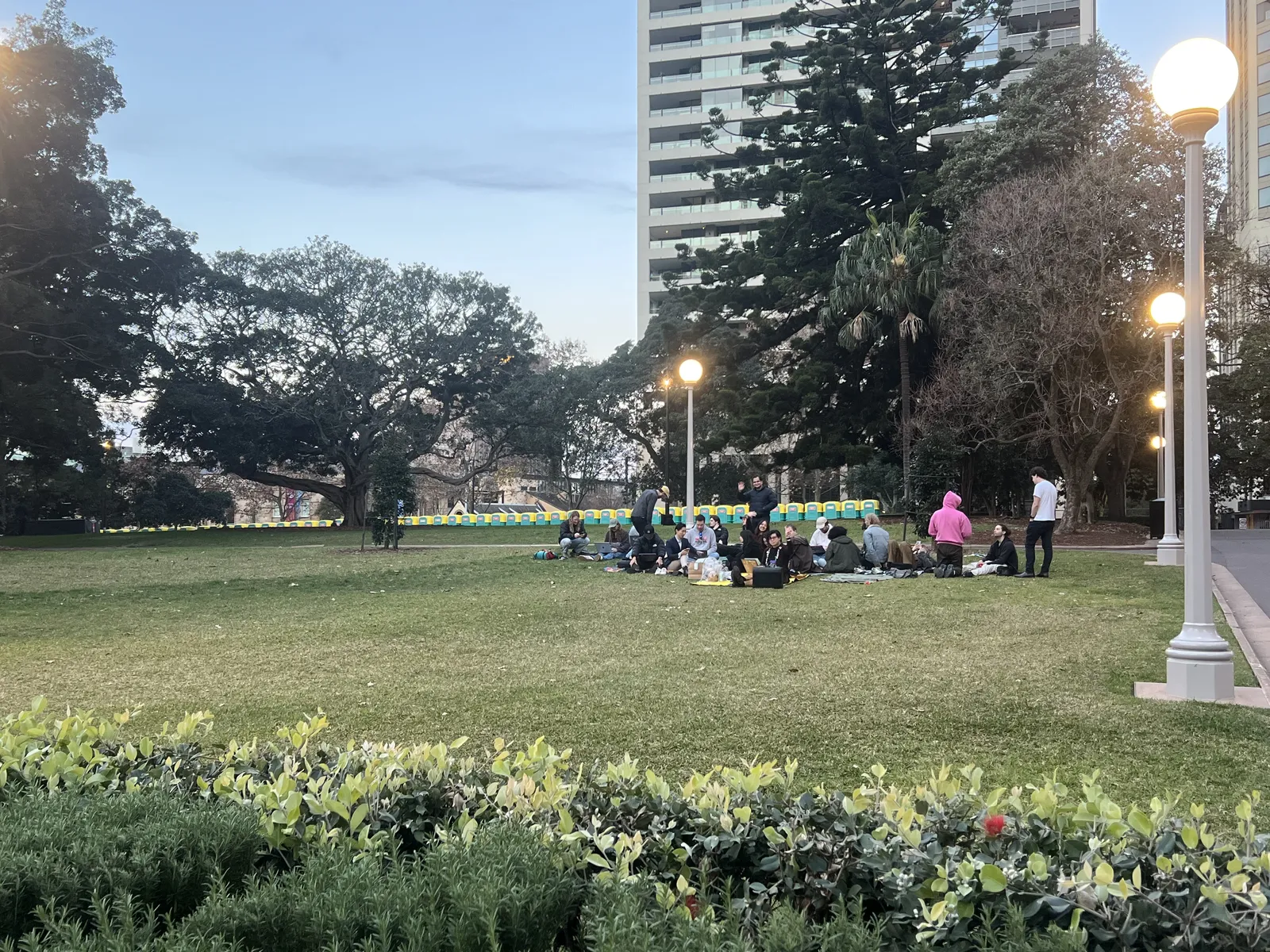 Wide view of the picnic circle at twilight