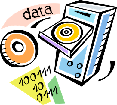 A computer with an open CD tray is surrounded by data