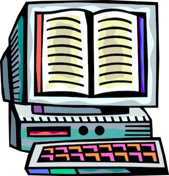 A computer displays an open book